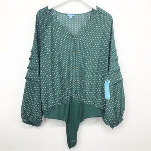 Draper James Green White Polka Dot Print V Neck 3/4 Sleeve Bodysuit NEW